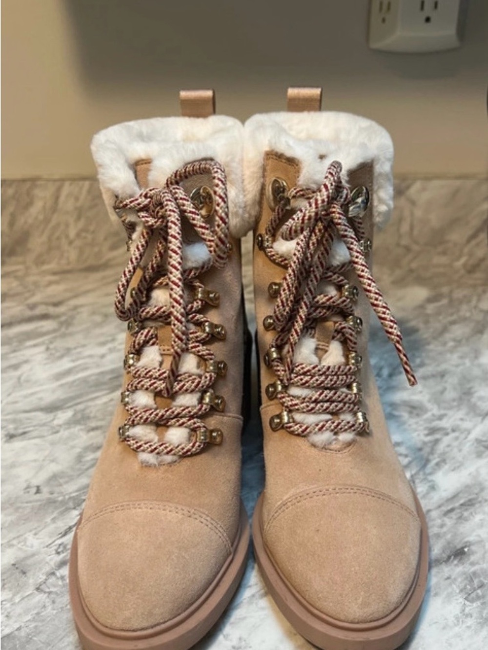 Kate Spade Blush Tan Faux-Suede Fur-Trim Lace-Up Winter Boots